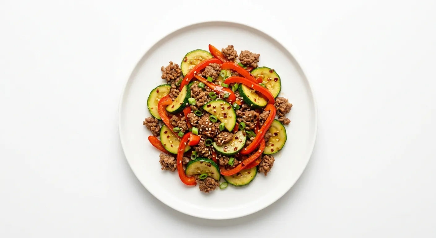 Zucchini and Red Bell Pepper Stir-Fry with Ground Beef