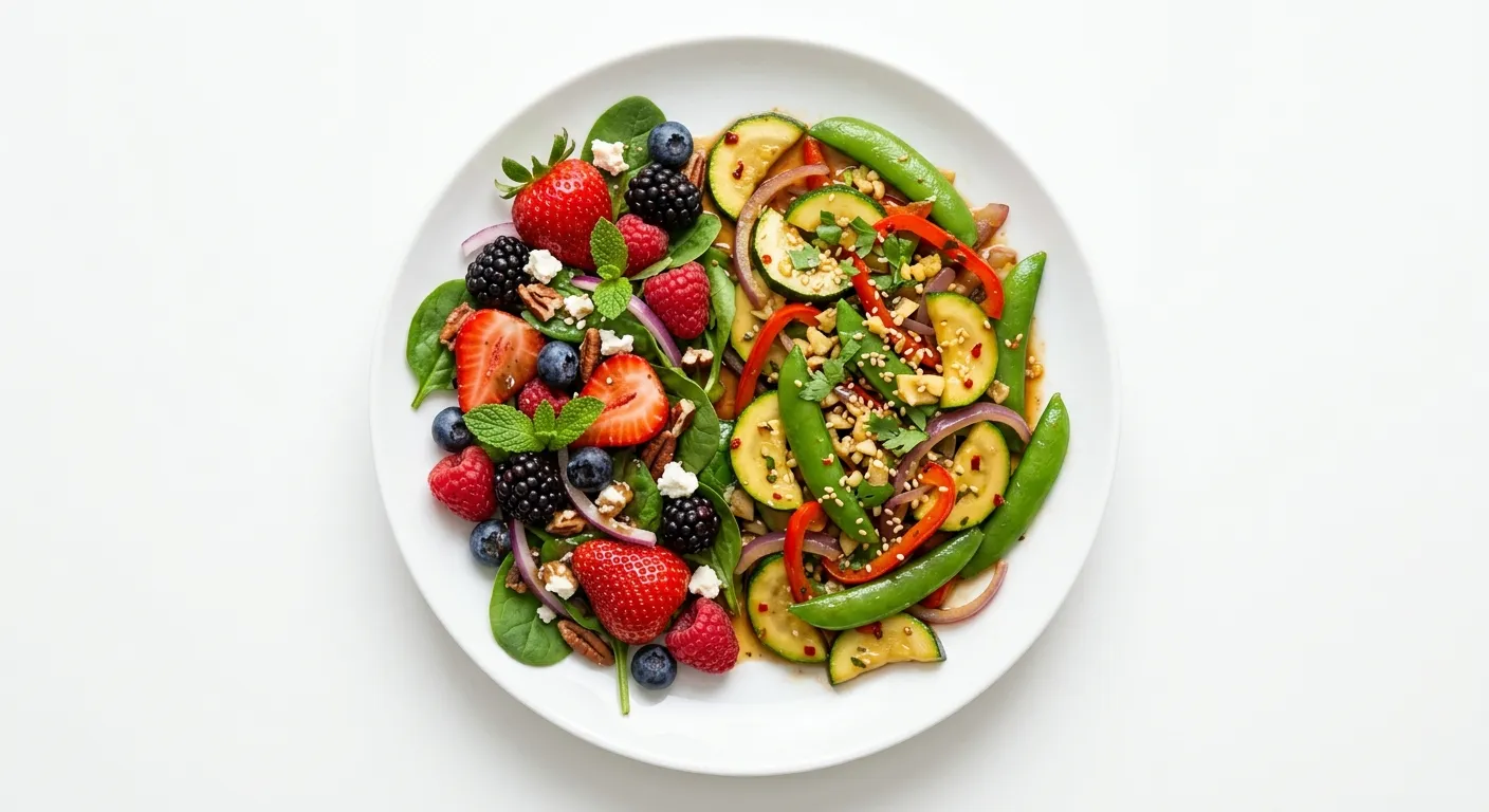 Zucchini and Snap Pea Stir-Fry with Berry Salad