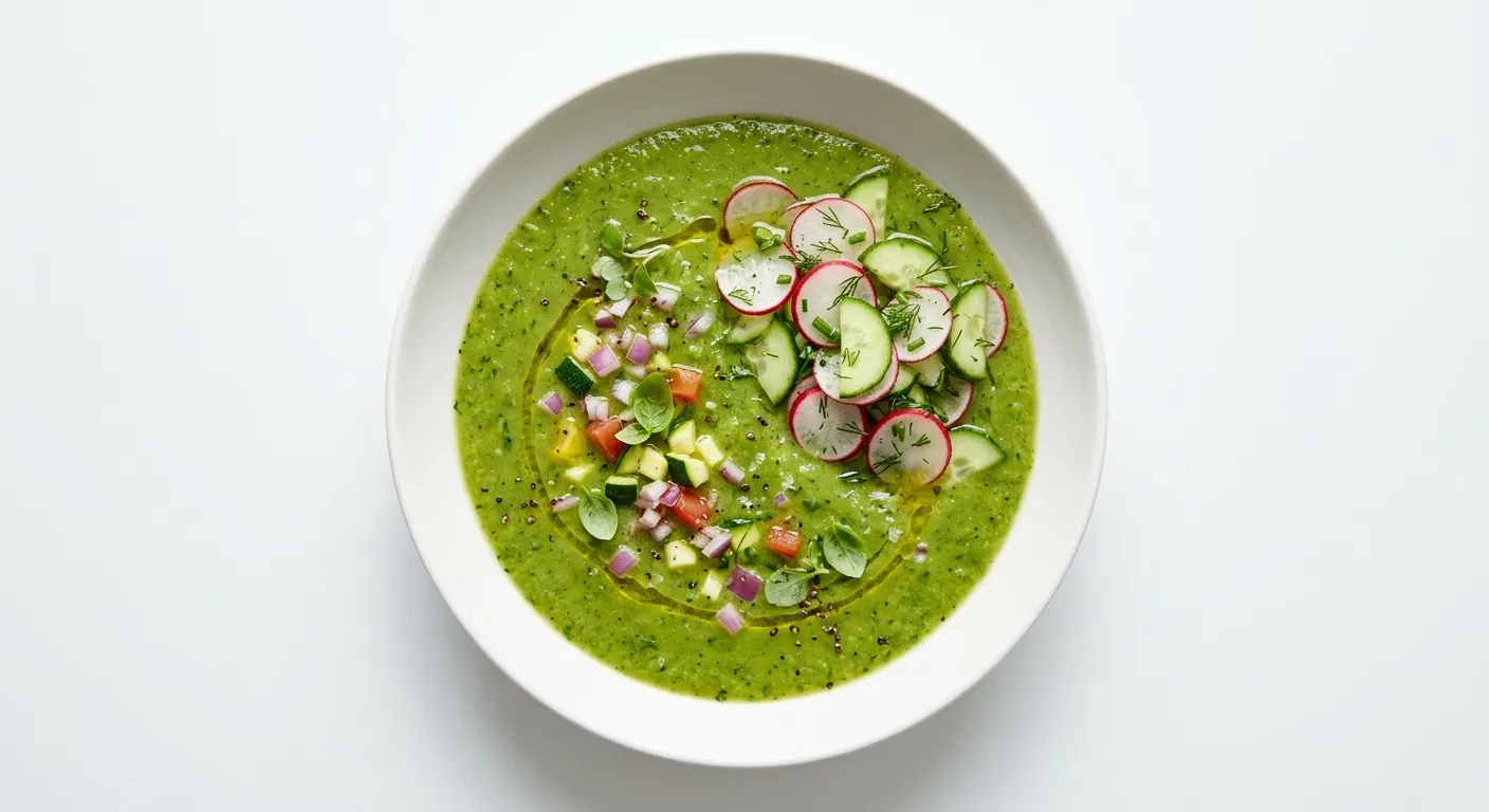 Zucchini and Tomato Gazpacho with Radish and Cucumber Salad