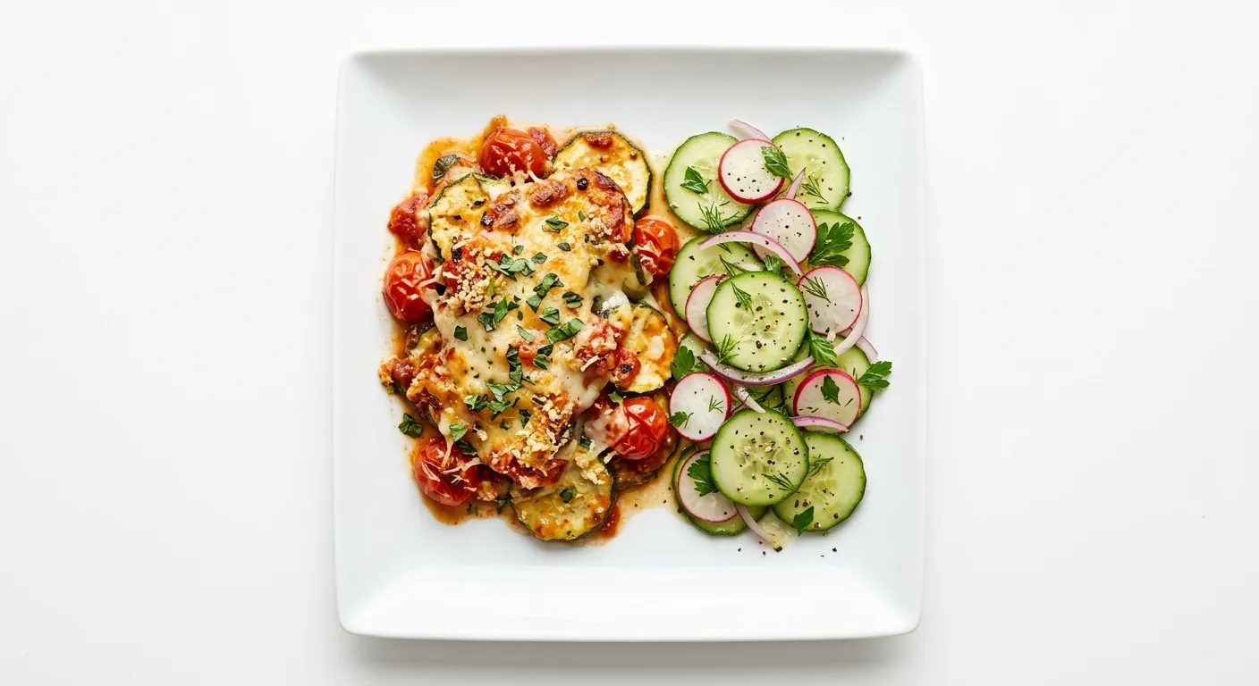Zucchini and Tomato Gratin with Cucumber Radish Salad