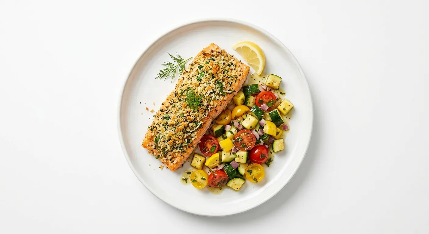 Zucchini and Tomato Herb-Crusted Salmon