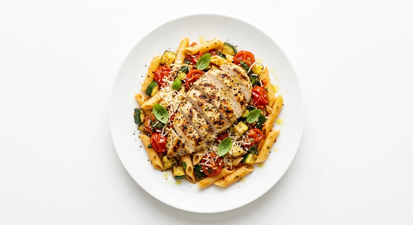 Zucchini and Tomato Pasta with Grilled Chicken
