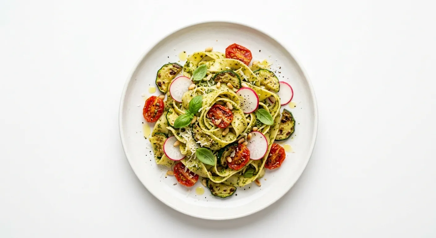 Zucchini and Tomato Pesto Pasta with Radish