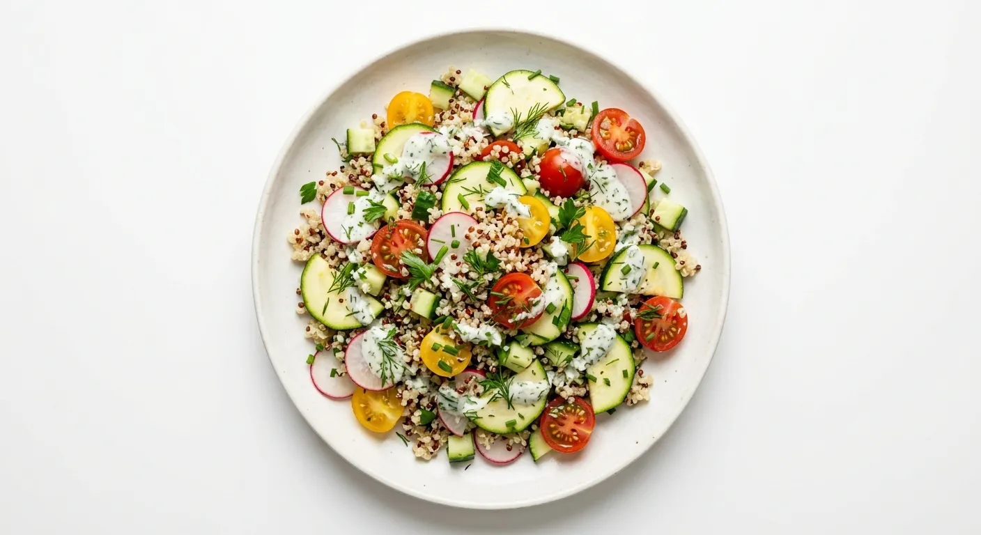 Zucchini and Tomato Quinoa Salad with Cucumber Radish Dressing