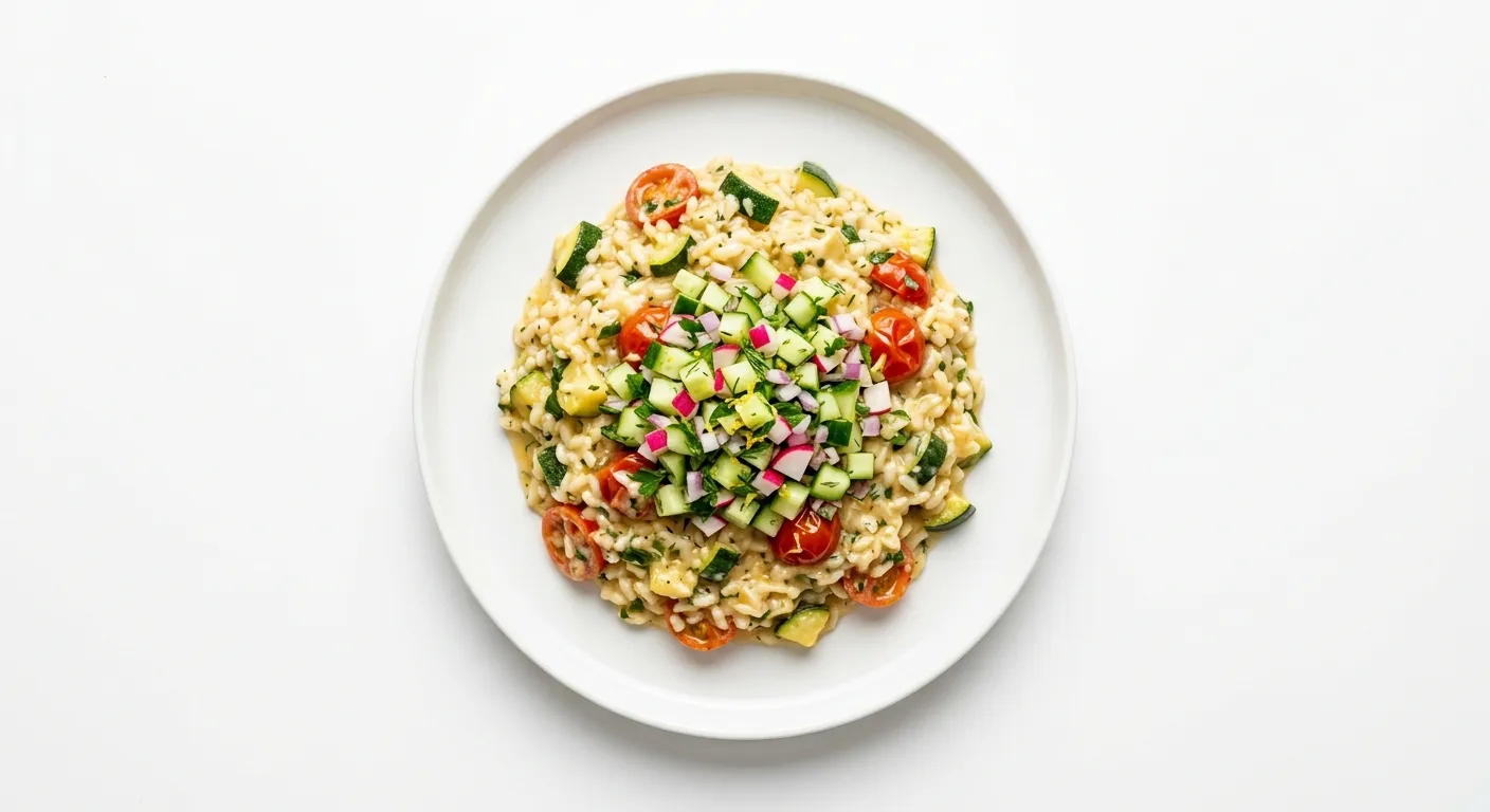 Zucchini and Tomato Risotto with Cucumber Radish Salsa