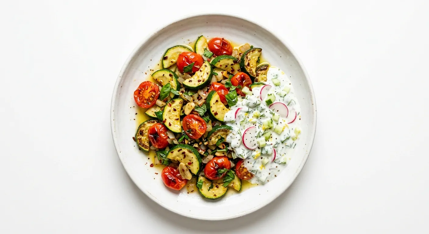 Zucchini and Tomato Stir-Fry with Cucumber Radish Yogurt Sauce