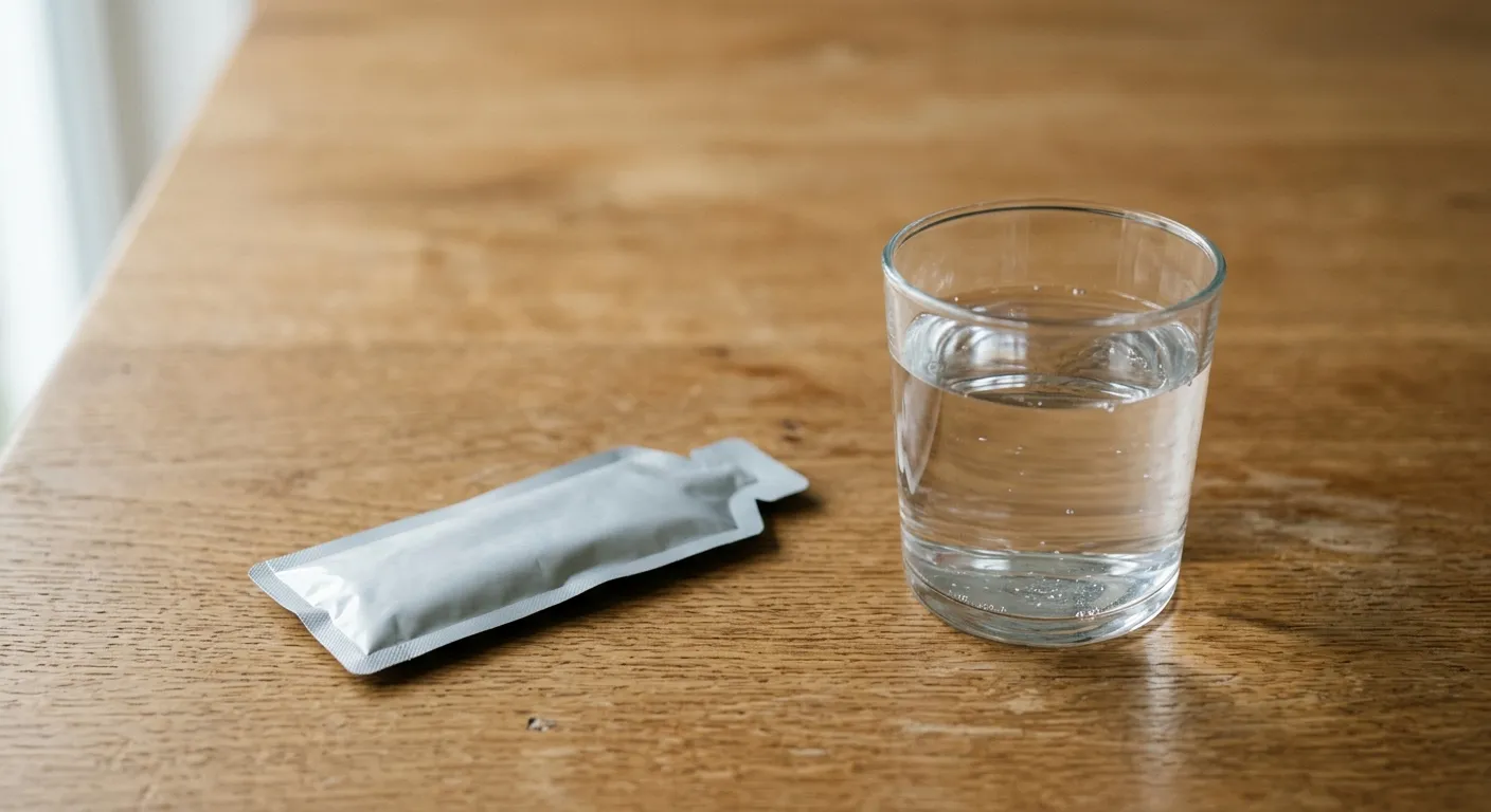 An energy gel sachet next to a glass of water on a table, no coffee cup in sight, morning light
