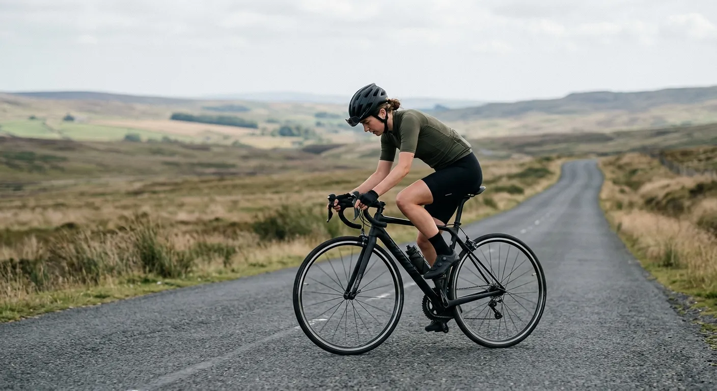 A cyclist checking a bike computer on the handlebars while riding on an open road