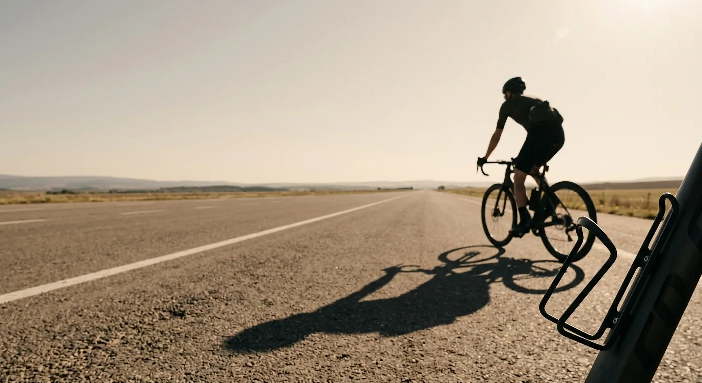 An open rural road stretching ahead with a cyclist's shadow and a water bottle cage visible in the foreground