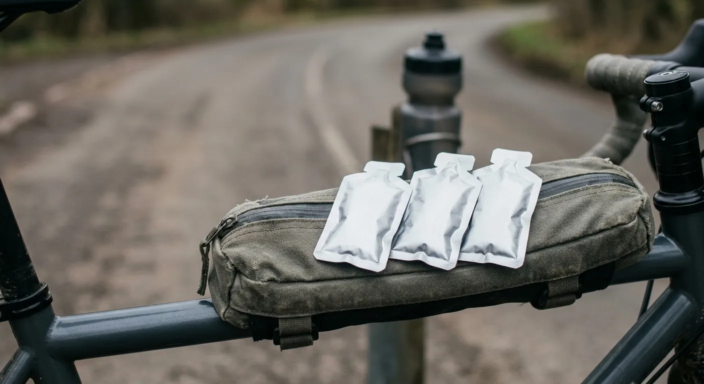 Several unbranded energy gel sachets laid out beside a road bike top tube, with a water bottle in the background