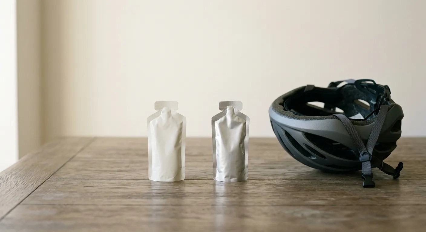 Two unbranded high-carbohydrate energy gel sachets side by side on a wooden table with a bike helmet nearby