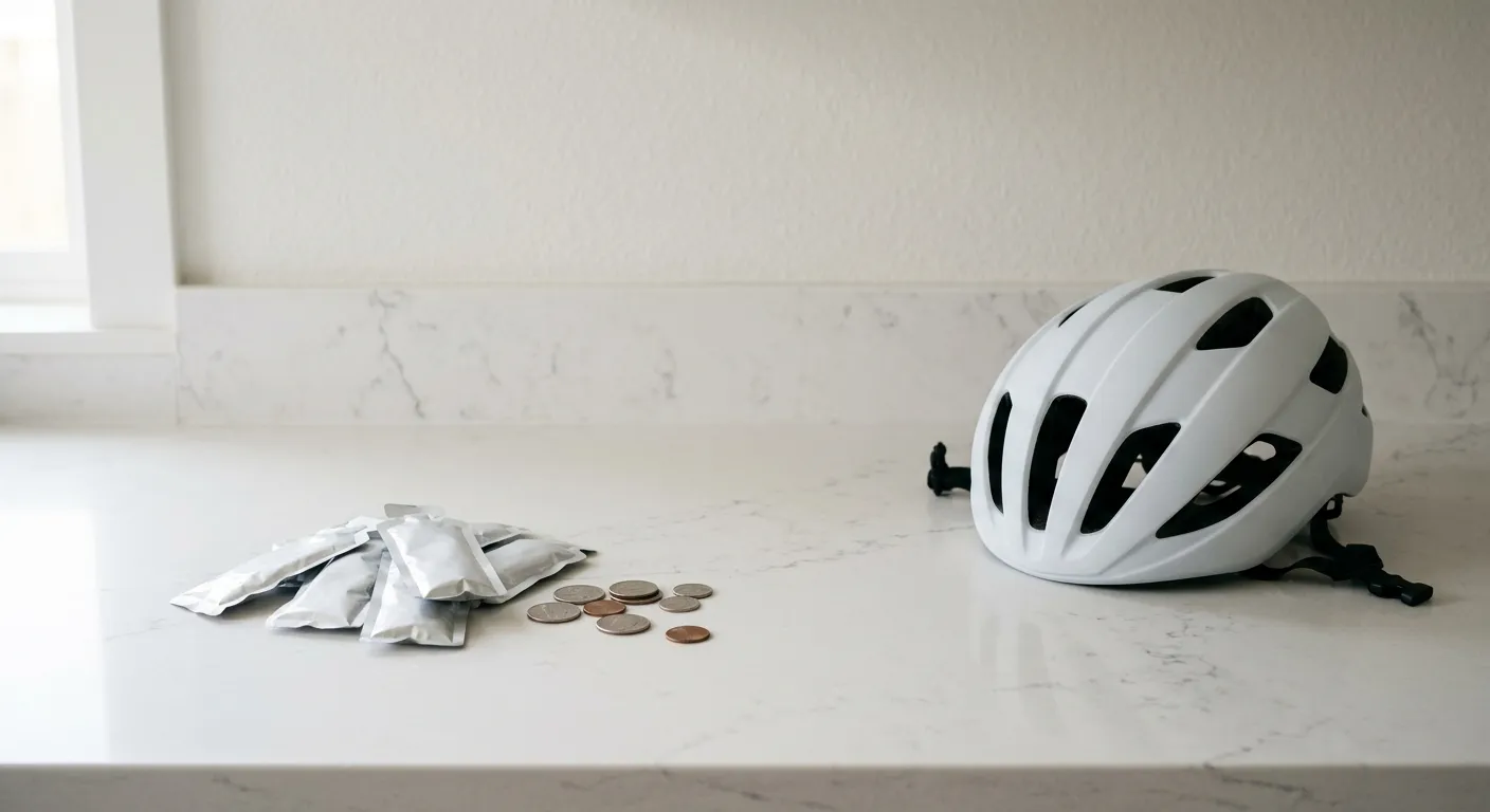 A handful of energy gel sachets and loose coins laid out on a kitchen counter next to a cycling helmet
