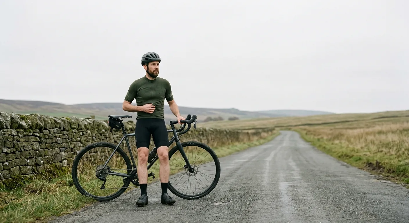 A cyclist pausing at the roadside holding their stomach with a bike leaning against a wall nearby