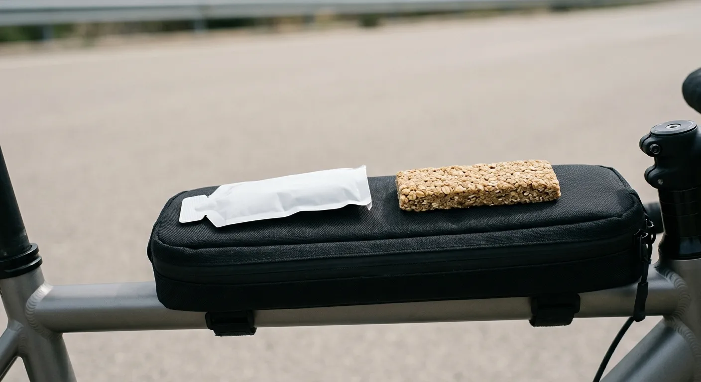 An energy gel sachet and a cereal energy bar side by side on a cycling jersey top tube bag