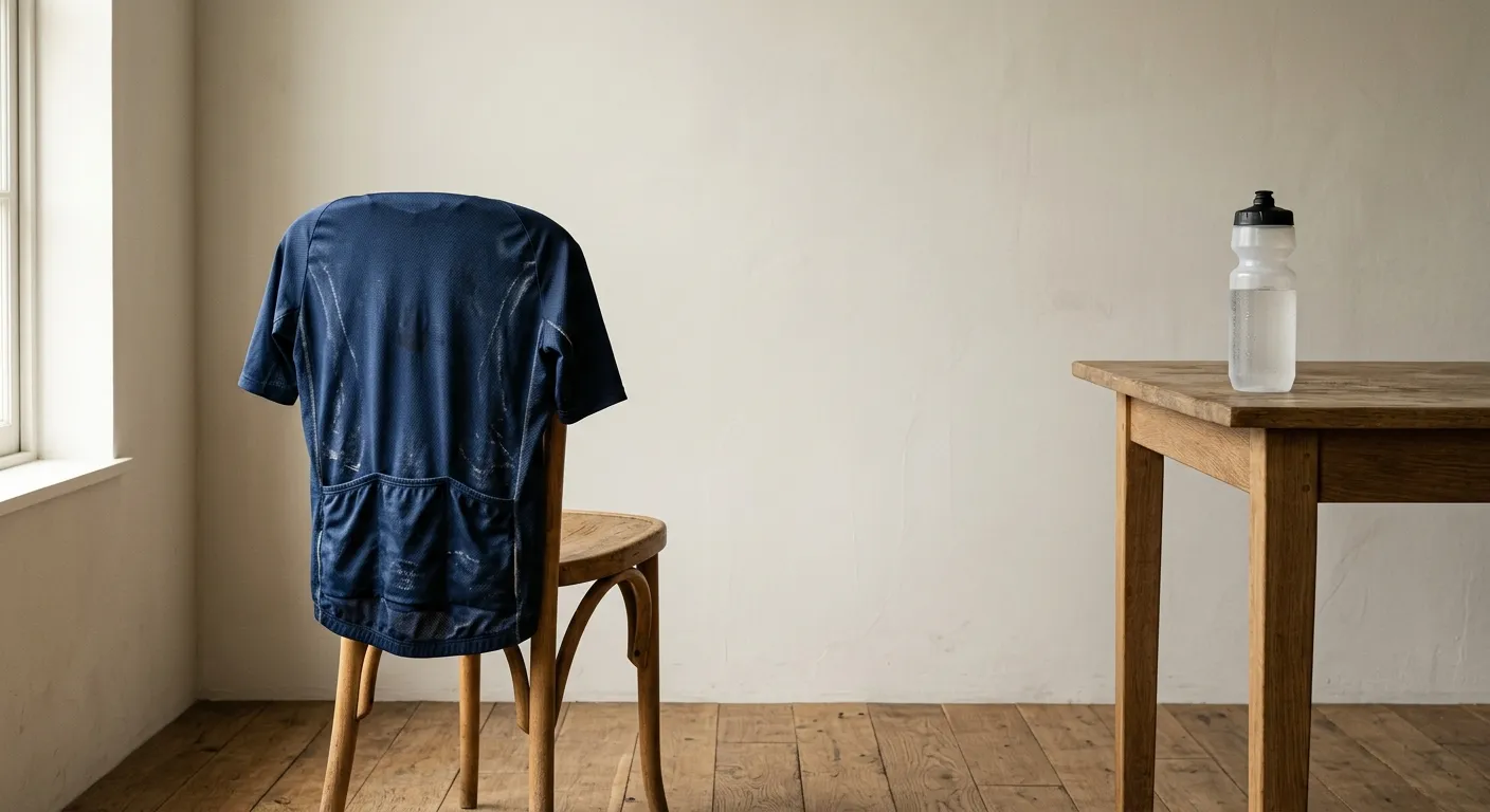 A cycling jersey with visible dried salt marks hanging over a chair after a long hot ride