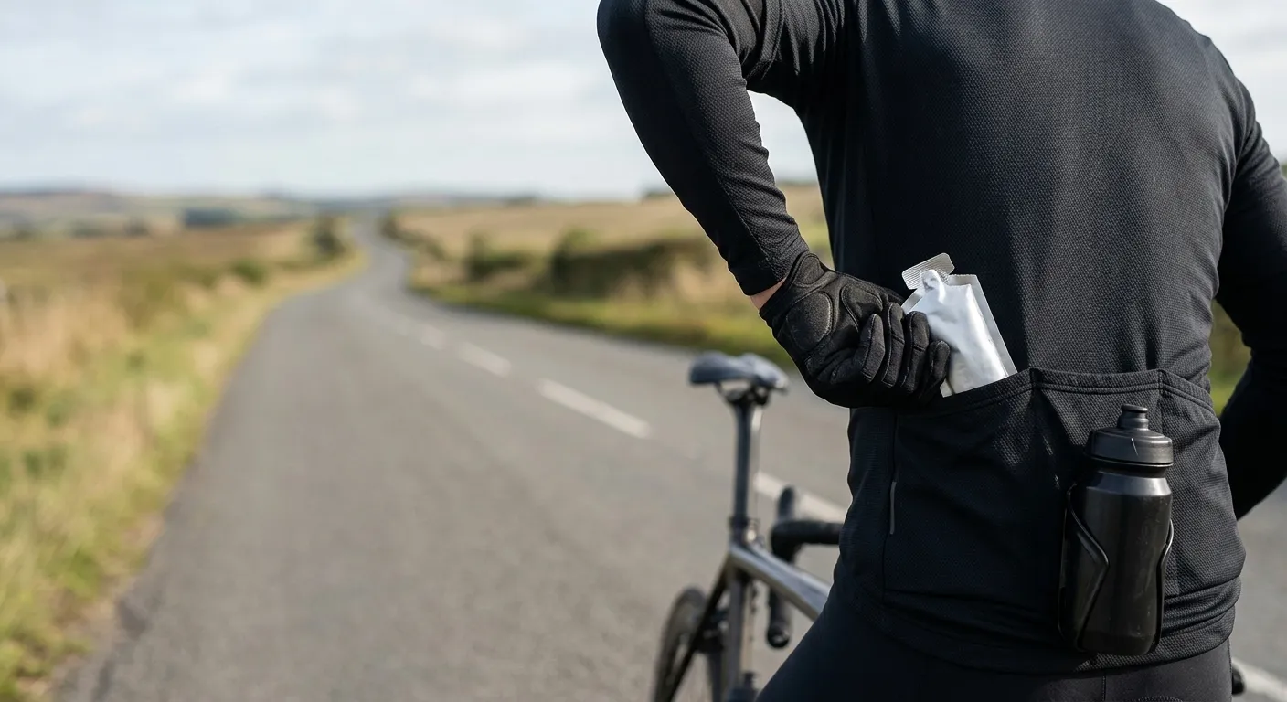 A cyclist's hand reaching into a jersey pocket for a gel, water bottle in cage, open road ahead